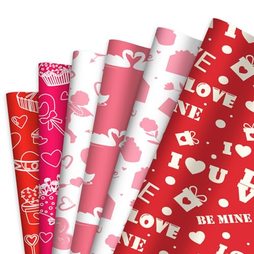 100 Blatt Geschenkpapier Valentinstag, 45x35cm Valentinstag Musterpapiere Dünnes Papier Valentinstag Dekoratives Papier für Hochzeit Jahrestag Verpackung Taschen (6 Designs) von BOXOB