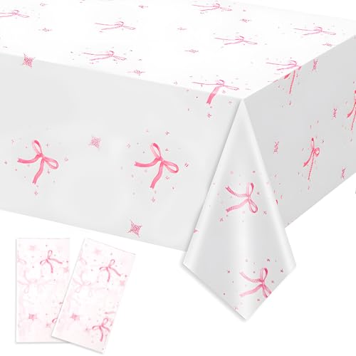 2 Stück Tischdecken-Dekor mit Rosa Schleife, Coquette-Geburtstagsparty-Dekorationen wasserdichte Tischdecke mit Rosa Schleife Geburtstagsdekor Tischdecke für Babyparty-Partyzubehör von BOXOB