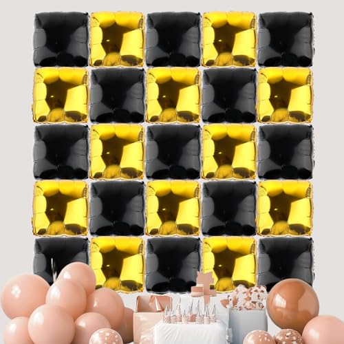 25stk Quadratische Folienballon-Wand-Set, Doppelseitig Quadratische Ballon-Rückwand Für Hochzeit Geburtstagsfeier Jubiläum Junggesellinnenabschied-Tunnel Bogen-Dekoration (Schwarz & Gold) von BOXOB