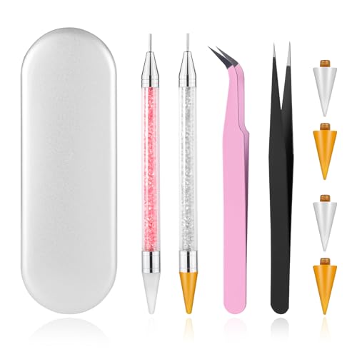 2St Doppelköpfige Strassstein Picker, mit 4St Wachsspitzen und 2St Pinzetten, Wachsstift, Dotting Pen für Selbstgemachte Nägel, Schnelles Aufnehmen von Edelsteinen und Juwelen von BOXOB
