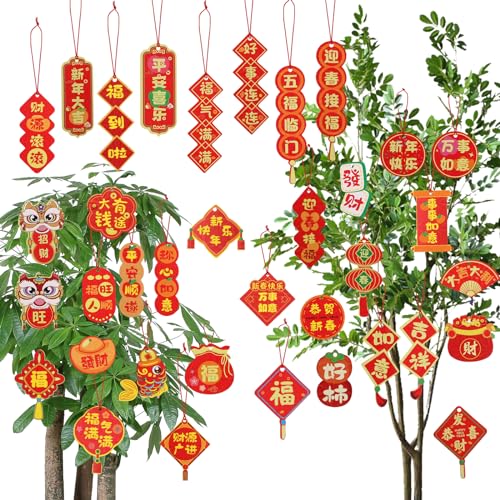 36 Stück Chinesische Neujahrsdekoration, Rot Hängende Ornamente Traditionelles Chinesisch Glücks-Fu-Anhänger für Frühlingsfest Party Zuhause Büro Auto Bäume Dekor (Verschiedene Designs) von BOXOB