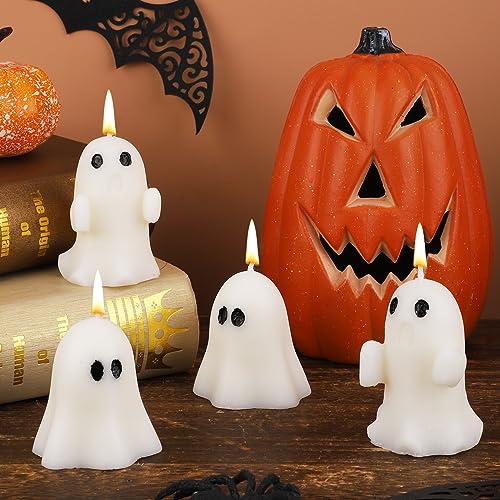 4 Stück Halloween Geister kerzen, Weiße Grusel kerzen Halloween Kerzen mit Duft Halloween Kerzen für Zuhause Halloween Party Schlafzimmer Zimmer Tischdekoration von BOXOB