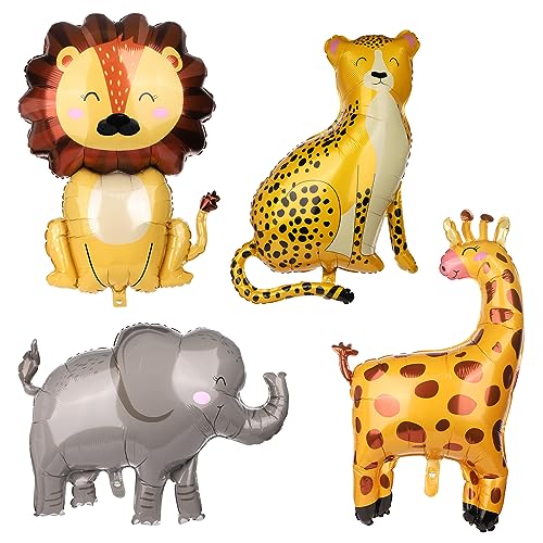 4 Stück Wildtier Ballon, 4 Stile Dschungel Safari Tier Ballons Große Party-Ballons mit Tiermotiv Elefant, Löwe, Giraffe, Gepard Folienballons Geburtstagsparty-Zubehör von BOXOB