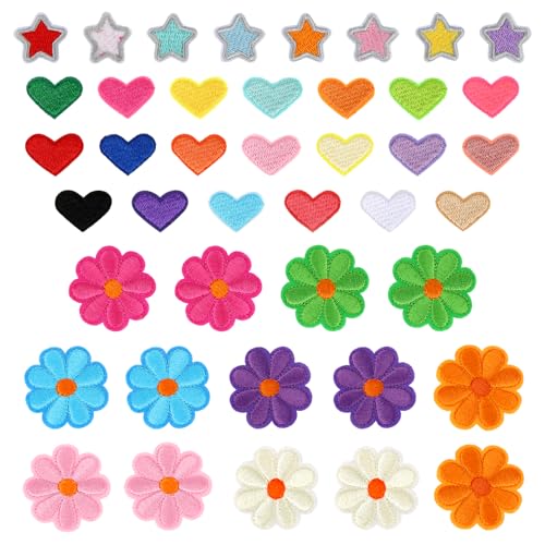 42 Stück Bunte Aufnäher zum Aufbügeln, Süße Blumen Sterne und Herzen zum Aufnähen Bestickte Applikationen Blumenstickerei Nähflicken Dekorationen für Kleidung Jacken Jeans Rucksäcke von BOXOB