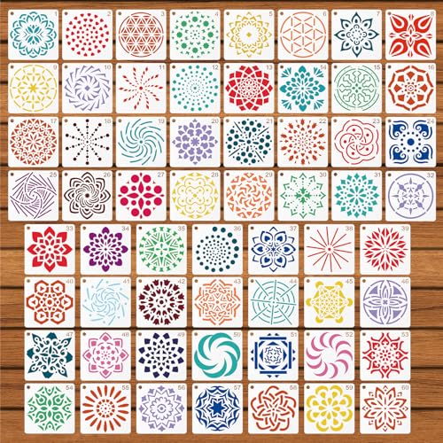 60stk Mandala-Schablonen zum Malen, 5,08x5,08cm Wiederverwendbare Mandala-Punktierschablone Bastel und Zeichenvorlagen für Steine Holz Möbel Leinwand Stoff Dekoration DIY-Projekte (Stil 1) von BOXOB