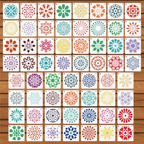 60stk Mandala-Schablonen zum Malen, 5,08x5,08cm Wiederverwendbare Mandala-Punktierschablone Bastel und Zeichenvorlagen für Steine Holz Möbel Leinwand Stoff Dekoration DIY-Projekte (Stil 2) von BOXOB