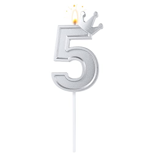 7,6cm Geburtstag Nummer Kerzen, Helles Silber Kronen Kerze 3D Zahlen Geburtstagskerzen Tortenaufsatz mit Krone Kuchenzahlkerzen Zahlenkerzen für Geburtstag Jubiläum Partys (Nummer 5) von BOXOB