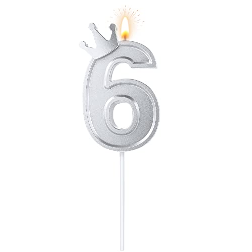 7,6cm Geburtstag Nummer Kerzen, Helles Silber Kronen Kerze 3D Zahlen Geburtstagskerzen Tortenaufsatz mit Krone Kuchenzahlkerzen Zahlenkerzen für Geburtstag Jubiläum Partys (Nummer 6) von BOXOB