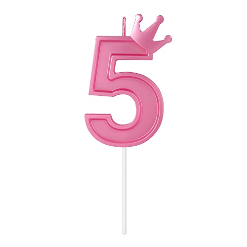 7,8cm Zahlen Geburtstagskerzen, 3D Zahlen Geburtstagskerzen mit Kronendekor Groß Tortenaufsatz Zahlenkerzen für Torte Hochzeit Jubiläum Abschlussfeier Festivalparty (Rosa, 5) von BOXOB