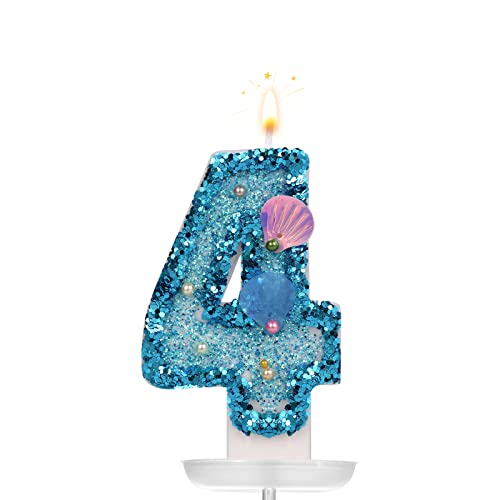 7cm Zahlen Geburtstagskerzen für Torte, Muschel Pailletten Zahlenkerzen Blau Glitzer Zahlenkerze Geburtstagskerzen Nummer für Geburtstag Jubiläum Meerjungfrauen Themenparty (Zahl 4) von BOXOB