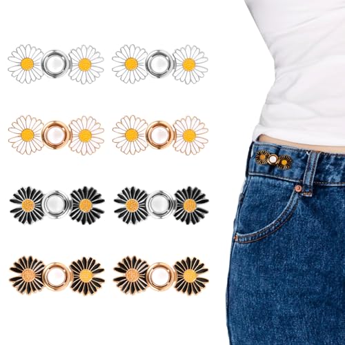 8 Paar Jeans Knopfnadeln, Verstellbar Gänseblümchenform Taillenknopf Ohne Nähen für Lose Jeans, Bunt Dekorative Knopfnadeln für Jeans, Sofortige Taillenschnallen für Frauen (Schwarz, Weiß) von BOXOB