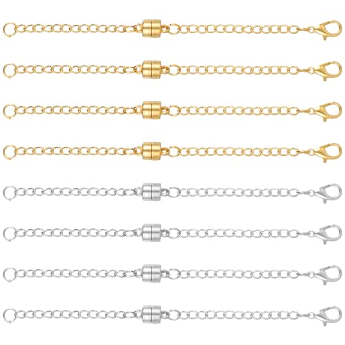 8 Stück Halsketten Verschlüsse Magnet mit Verlängerungsketten, 10cm Halskettenverlängerung mit Magnetverschlüssen und Karabinerverschlüssen Verstellbare Magnetverschlüsse Schmuck (2 Farben) von BOXOB