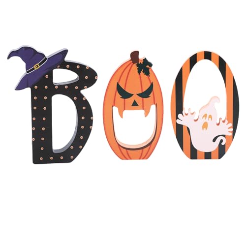 BOO Schilder Halloween Tischdekoration für den Innenbereich, 3er-Set Holz Retro Schwarz-Orange Geister Kürbis Mehrstufiges Tablett Dekor Tafelaufsätze für Party Zuhause Regal Büro Display von BOXOB