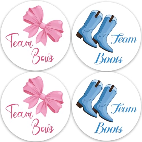 BOXOB 100 Stk Geschlecht Offenbaren Aufkleber, 5cm Runde Niedliche Teamschleifen Teamstiefel Geschlecht Offenbaren Aufkleber Rosa Schleifen Blaue Stiefel Abziehbild für Babyparty Party Dekoration von BOXOB