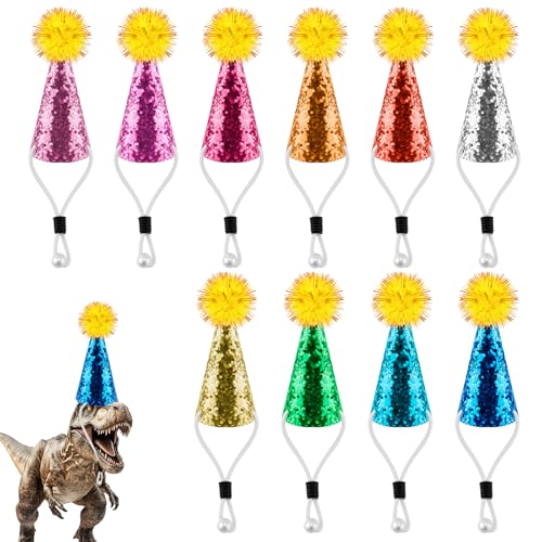 BOXOB 10stk Mini-Geburtstagshüte für Kuscheltiere, Wiederverwendbare Kleine Glitzer-Partyhüte mit Glitzer-Pompons Geburtstagskostüme für Kuscheltiere Hunde Katzen und Haustiere (10 Farben) von BOXOB