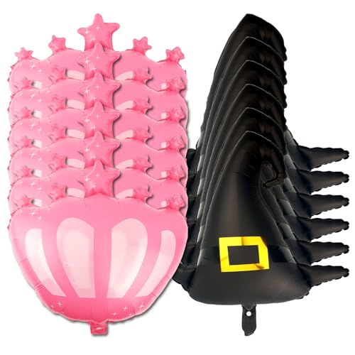BOXOB 12 Teilige Partydekorationen mit Bösem Motto, 6 Schwarze Hexenhut Luftballons und 6 Rosa Prinzessinnenkronen Luftballons für Halloween und Geburtstagspartys mit Bösem Motto von BOXOB