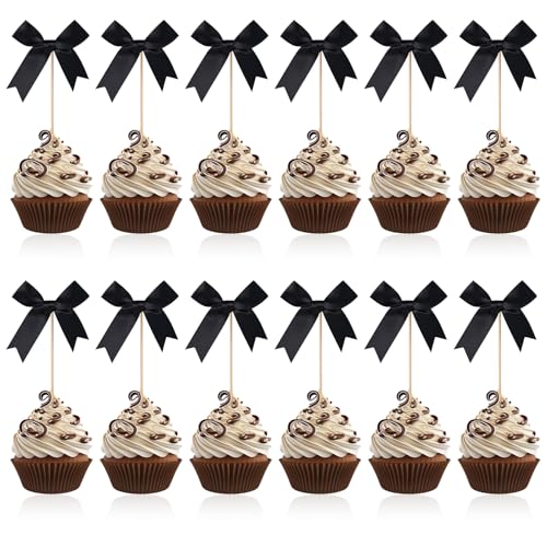 BOXOB 12stk Schwarze Cupcake Deko Schleifen, Kuchen Topper Schleife Coquette Cupcake-Stäbchen mit Schleife Motto-Party-Dekorationen für Babyparty Hochzeit Junggesellinnenabschied Jubiläum Dekor von BOXOB