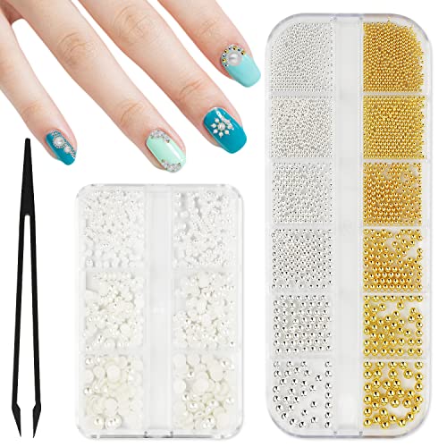BOXOB 2 Boxen Nail Art Perlen, 0,8mm-5mm Halbrunde Perlen Flatback Perlen Nageldesign für DIY-Handwerk Kreative Maniküre Zubehör (2 Stile), Klein von BOXOB