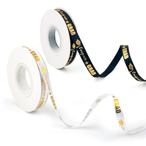 BOXOB 2 Rollen 45,72m Abschlussband, 0,9cm Breit Glückwunsch-Abschlussband der Klasse von 2025 Dekoratives Abschluss-Zubehör zum Verpacken von Geschenken Party-Dekorationen Basteln von BOXOB