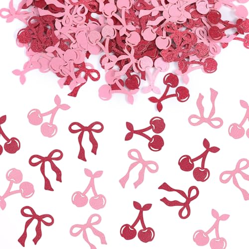 BOXOB 200stk Kirsch und Schleifen-Konfetti, Glitzer-Papier-Konfetti-Dekor Party-Tischdekoration für Geburtstag Junggesellinnenabschied Babyparty Hochzeitstischdekoration (Rosa und Rot) von BOXOB