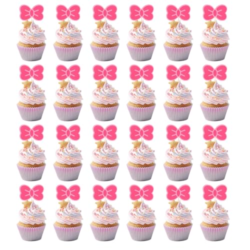 BOXOB 24 Stück Cupcake-Topper mit Schleife, Kuchentopper mit Rosa Katze Kawaii-Kuchendekorationen Cupcake-Picker Schleife Kucheneinlage Schleife für Rosa Themenparty Kätzchen-Gastgeschenkdekor von BOXOB