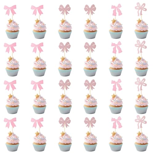 BOXOB 24st Rosa Cupcake Topper Schleife, Geburtstagstorte Niedlich Kuchen Topper Schleife Dekoration Mädchengeburtstagspartys für Junggesellinnenabschiede Babyparty Hochzeitsdeko von BOXOB