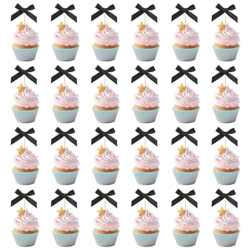 BOXOB 24st Schwarze Cupcake Topper Schleifen, Schleifenband Cupcake Deko Schleife Niedliche Cake Topper Bow Geburtstagsparty Dekoration für Junggesellinnenabschied Babyparty Hochzeitsdeko von BOXOB