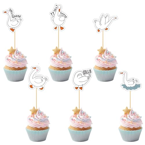 BOXOB 24stk Lustige Gans Cupcake Toppers, Niedliche Gans-Kuchen-Topper für Jungen & Mädchen Kindergeburtstag-Partyzubehör Baby Shower Tier-Thema-Kuchen-Dekorationen von BOXOB