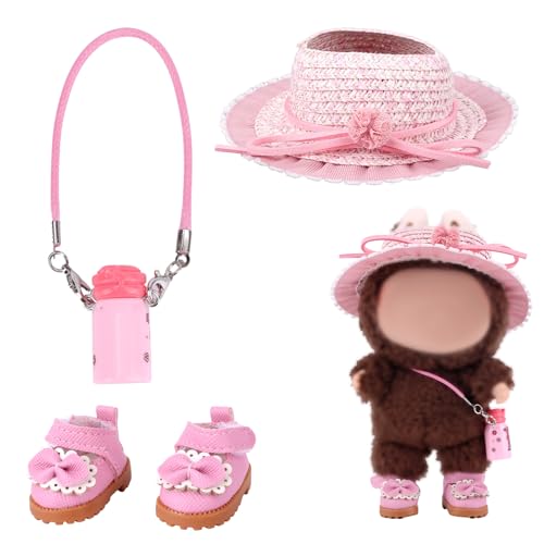 BOXOB 3 Stück Mini Puppen Kleidung, Rosa Strohhut Winzige Schuhe und Wasserflaschen Accessoires für Plüschtiere Süße Outfit-Requisiten (Keine Puppe Enthalten) von BOXOB