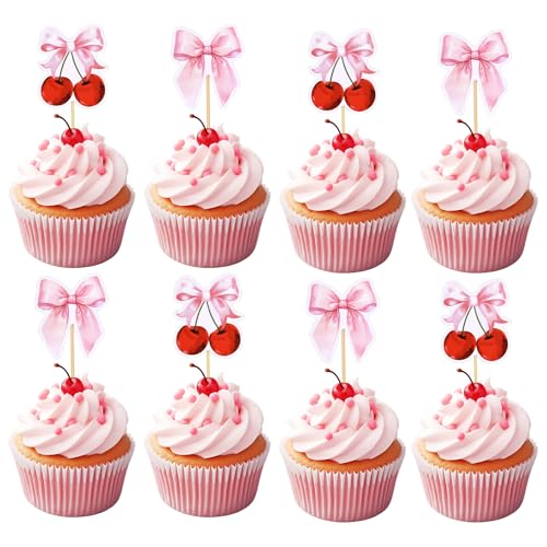 BOXOB 36 Stück Cupcake-Topper mit Schleife, Cupcake-Topper mit Kokette-Schleife Rosa Kuchendekoration Kirschkuchen-Picker Schleife für Hochzeit Babyparty Geburtstagsparty-Dekoration von BOXOB