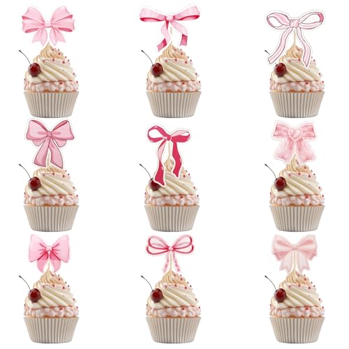 BOXOB 36 Stück Kuchen Topper Schleife, Geburtstagsdekoration Kokette Cupcake-Picker mit Schleife für Hochzeit Babyparty Junggesellinnenabschied von BOXOB