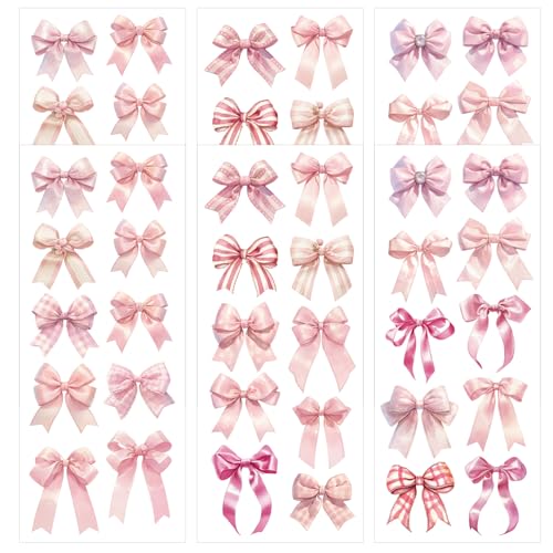 BOXOB 6 Bögen/60 Stück Aufkleber Rosa Schleifen, 30 Designs Süß Ästhetisch Kokett Schleifen Aufkleber für Wasserflaschen Laptop Tagebuch Basteln von BOXOB