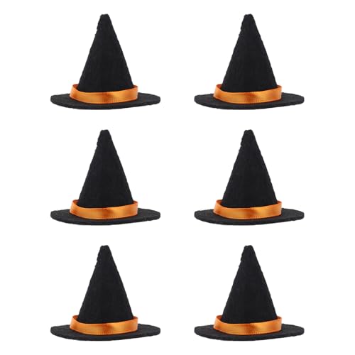BOXOB 6 Stück Mini Hexenhüte aus Filz, 6,5x6cm Niedliche Kleine Zaubererhüte Kleine Weinflaschenhüllen aus Filz Hexendekoration Basteln für Halloween Partys Haar und Kostümzubehör (Schwarz) von BOXOB