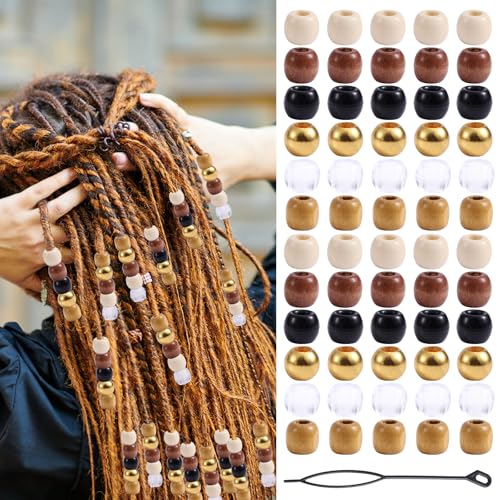 BOXOB 60stk Holzperlen für Zöpfe, 6 Farben Flechtzubehör Abstandshalter Schmuck Bastelset mit Perlenwerkzeuge Haarröhrchen Dekorationen DIY Flechtclips Charms für Damen und Herren von BOXOB