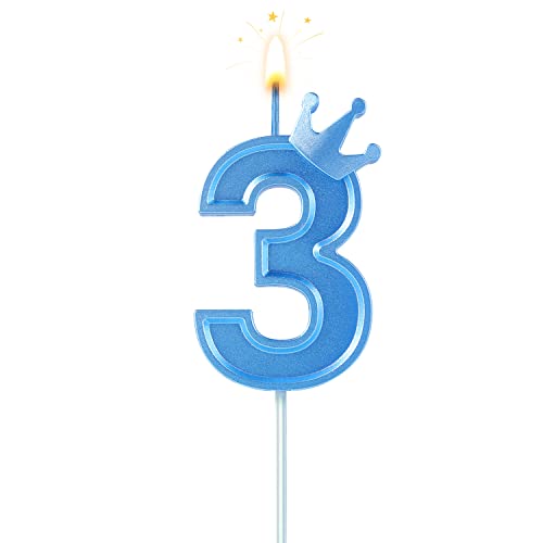 BOXOB 7,6cm Geburtstag Nummer Kerzen, Blau 3D Zahlen Geburtstagskerzen mit Krone Geburtstagskerzen für Torte Zahlen Kuchenzahlenkerzen für Geburtstag Jahrestag Partys (Nummer 3) von BOXOB