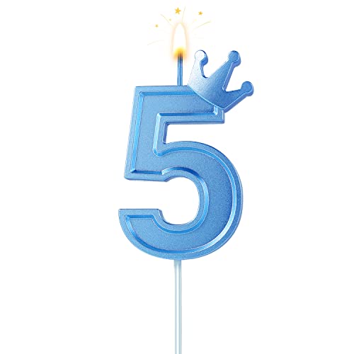 BOXOB 7,6cm Geburtstag Nummer Kerzen, Blau 3D Zahlen Geburtstagskerzen mit Krone Geburtstagskerzen für Torte Zahlen Kuchenzahlenkerzen für Geburtstag Jahrestag Partys (Nummer 5) von BOXOB