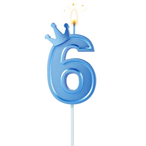 BOXOB 7,6cm Geburtstag Nummer Kerzen, Blau 3D Zahlen Geburtstagskerzen mit Krone Geburtstagskerzen für Torte Zahlen Kuchenzahlenkerzen für Geburtstag Jahrestag Partys (Nummer 6) von BOXOB