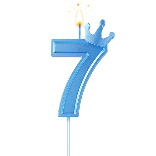 BOXOB 7,6cm Geburtstag Nummer Kerzen, Blau 3D Zahlen Geburtstagskerzen mit Krone Geburtstagskerzen für Torte Zahlen Kuchenzahlenkerzen für Geburtstag Jahrestag Partys (Nummer 7) von BOXOB