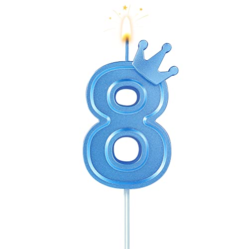 BOXOB 7,6cm Geburtstag Nummer Kerzen, Blau 3D Zahlen Geburtstagskerzen mit Krone Geburtstagskerzen für Torte Zahlen Kuchenzahlenkerzen für Geburtstag Jahrestag Partys (Nummer 8) von BOXOB