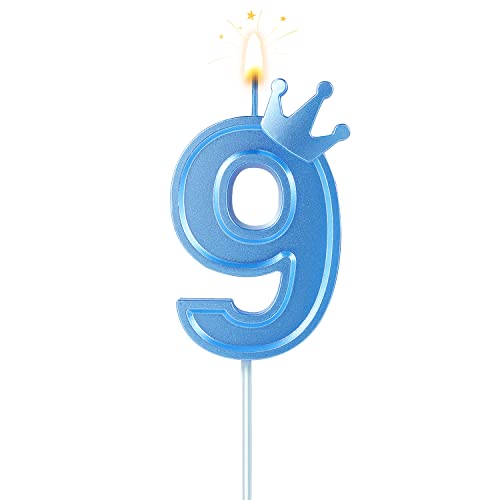 BOXOB 7,6cm Geburtstag Nummer Kerzen, Blau 3D Zahlen Geburtstagskerzen mit Krone Geburtstagskerzen für Torte Zahlen Kuchenzahlenkerzen für Geburtstag Jahrestag Partys (Nummer 9) von BOXOB