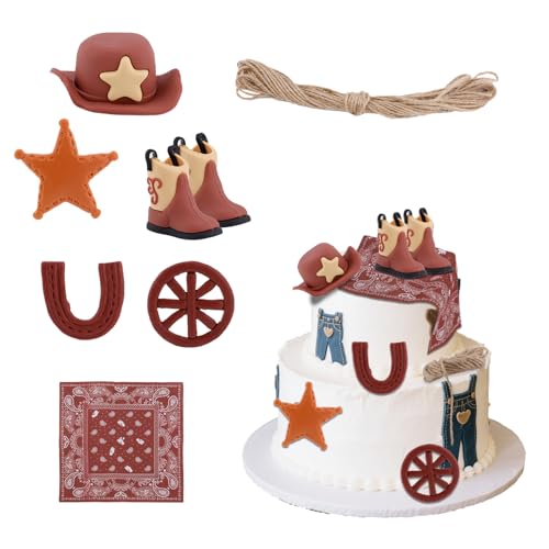 BOXOB 8 Stück Cowboy-Kuchendekorationen, Hut Stiefel Pentagramm Western Rodeo Party Dekorationen für Jungengeburtstag Babyparty Western Mottoparty von BOXOB