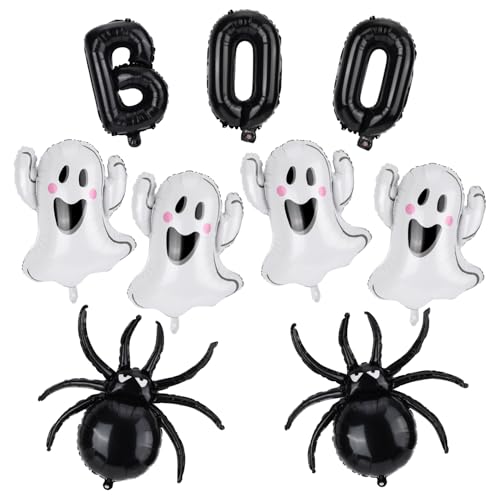 BOXOB 9stk Halloween Luftballons Set, Weiße und Schwarze BOO Geist Spinnen Folienballons Süße Gruselige Party-Dekorationen für Halloween Geburtstag Babyparty Zubehör von BOXOB