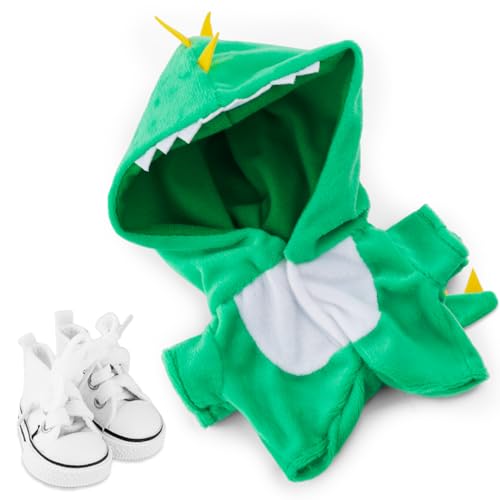 BOXOB Dinosaurier Puppenkleidung Set, Süße Dinosaurier-Outfits aus Baumwolle Kostüme Silikonschuhe Modische Kleidung Accessoires für Puppen Kreative Geschenke für Kinder Jungen und Mädchen (Grün) von BOXOB