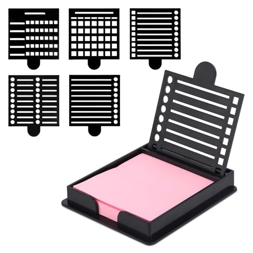 BOXOB Haftnotizen Halter mit Schablone, 1,18x1,18cm Haftnotizen Spender mit 5 Stil Linienzeichnungsvorlage Memo Block Organizer für Schreibtisch Büro Zuhause Schulbedarf (Schwarz) von BOXOB