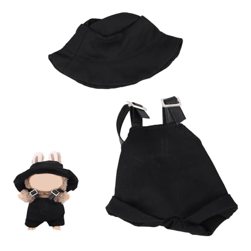 BOXOB Kleidung Passend für Puppen, Schwarzer Puppenoverall und Hut Set mit Verstellbaren Schultergurten Süße Plüsch Spielzeug Kleidung Modisches Plüsch Outfit Zubehör für 17cm Puppe von BOXOB