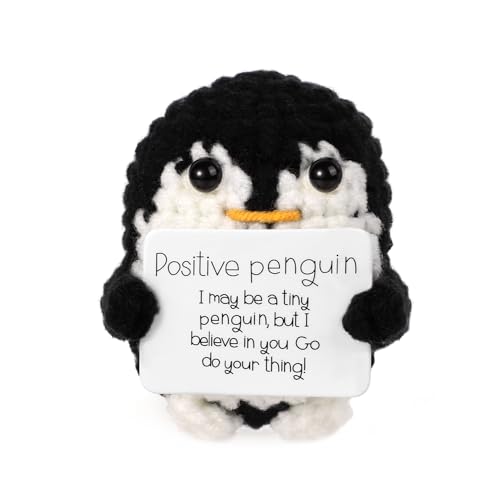 BOXOB Mini Lustiger Positiver Pinguin, 6,5cm Süßes Gestricktes Pinguin Spielzeug mit Positiver Karte Positiver Pinguin-Häkelpuppe Jubelndes Geschenk für Freunde Ermutigung Party-Dekoration (Schwarz) von BOXOB