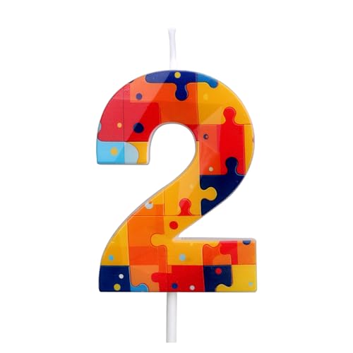 Bauklotz Puzzle Zahlen-Geburtstagskuchen-Kerzen, Mehrfarbig Block-Puzzle Kuchen-Topper Zahlen-Geburtstagskerzen für Kinder Jungen Party-Zubehör (Nummer 2) von BOXOB