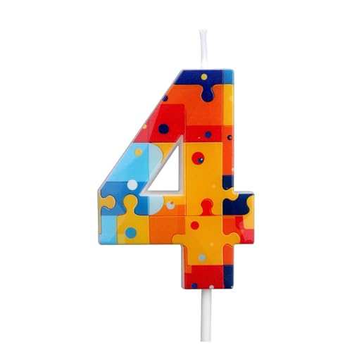 Bauklotz Puzzle Zahlen-Geburtstagskuchen-Kerzen, Mehrfarbig Block-Puzzle Kuchen-Topper Zahlen-Geburtstagskerzen für Kinder Jungen Party-Zubehör (Nummer 4) von BOXOB