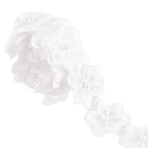 Blumen Spitzenband Weiß, Organza Blumenstickerei Spitzenborte mit 3D-Perlenapplikation zum Nähen für DIY Selbstgemachte Hochzeitskleider und Heimdekorationen von BOXOB