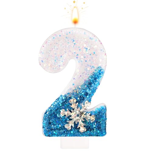 Geburtstagskerzen 0-9, Schneeflocke Pailletten zahlenkerze, Weiß und Blau Kuchenkerzen für Kinder, Erwachsene, Geburtstag, Hochzeit, Jubiläum, Partyzubehör (2) von BOXOB